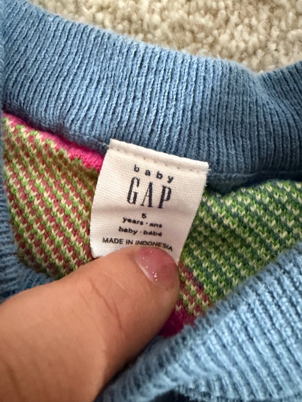 GAP Blue Crewneck Sweater with Pink Apple Print - Picture 3 of 4
